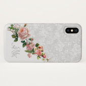 Romantisch Grijs Bloemen met Roze Rozen en Monogra Case-Mate iPhone Case (Achterkant (horizontaal))