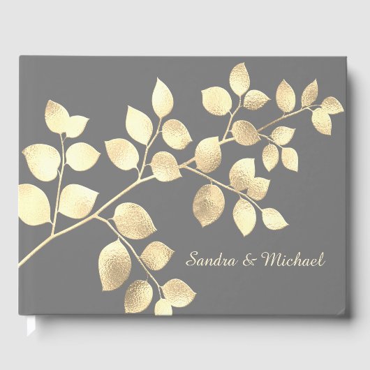 Romantisch grijs gouden bladeren bruiloft gastenbo gastenboek (Voorkant)