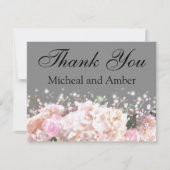 Romantisch grijs & wit kant hortensia's roze rozen bedankkaart (Voorkant)