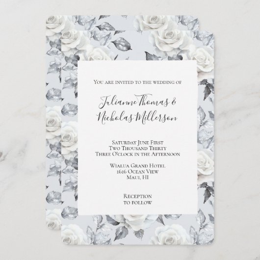 Romantisch Grijs Zilver Wit Rose Bloemen Huwelijk Kaart (Voorkant / Achterkant)