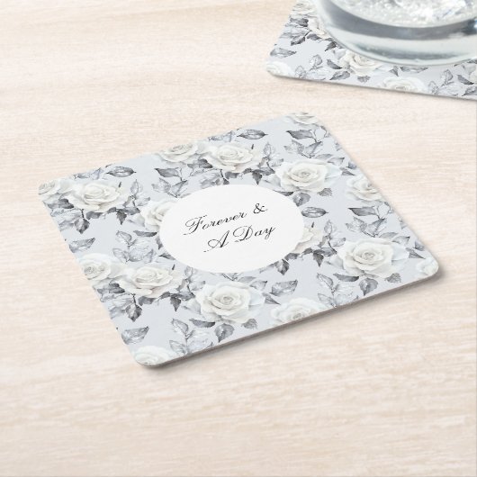 Romantisch Grijs Zilver Wit Rose Bloemen Huwelijk Kartonnen Onderzetters (Schuin)