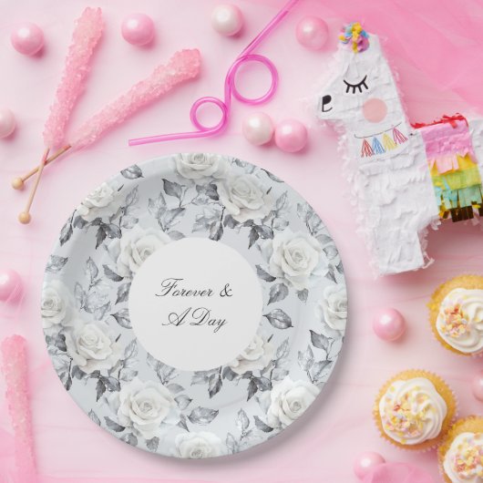 Romantisch Grijs Zilver Wit Rose Bloemen Huwelijk Papieren Bordje (Feest)