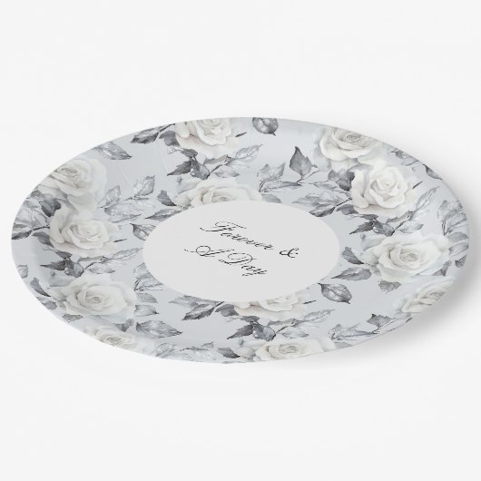 Romantisch Grijs Zilver Wit Rose Bloemen Huwelijk Papieren Bordje (Gekanteld)