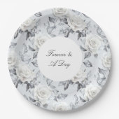 Romantisch Grijs Zilver Wit Rose Bloemen Huwelijk Papieren Bordje (Voorkant)