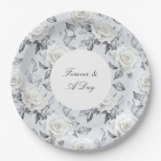 Romantisch Grijs Zilver Wit Rose Bloemen Huwelijk Papieren Bordje (Voorkant)