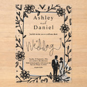 Romantisch grillig zwart-wit koppel bruiloft acryl uitnodigingen (Voorkant)