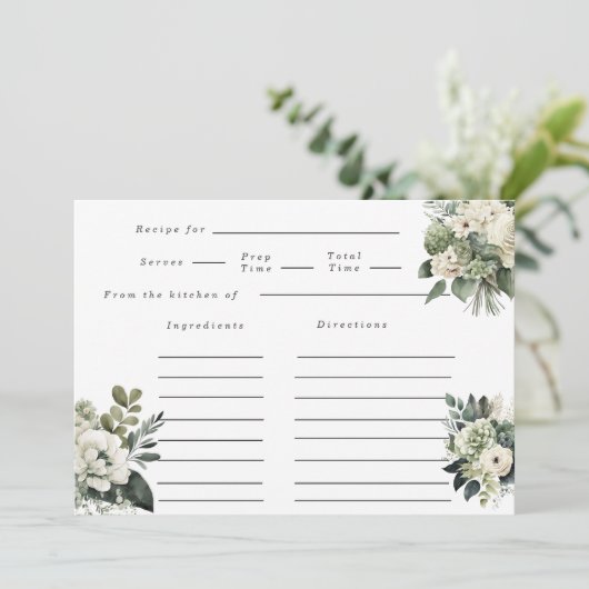 Romantisch groen beige pioen bruiloft recept kaart (Staand voorkant)