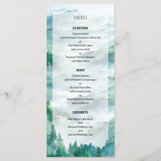 Romantisch groen en blauw Woodland Mountain bruilo Menu (Voorkant)