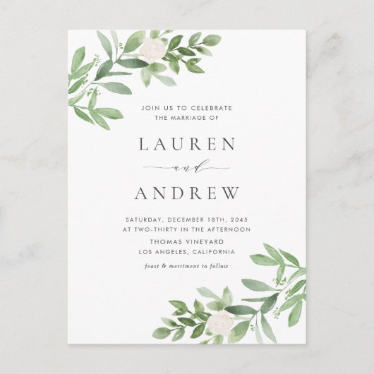 Romantisch groen en bloemen QR Code bruiloft Uitnodiging Briefkaart (Voorkant)