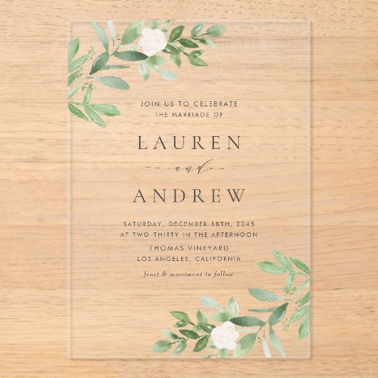 Romantisch groen en witte bloemen bruiloft acryl uitnodigingen (Voorkant)