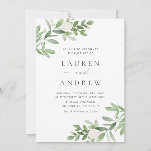 Romantisch groen en witte bloemen bruiloft kaart (Voorkant)