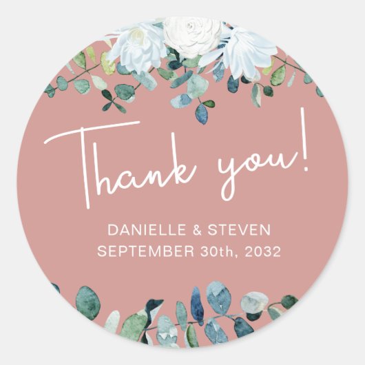 Romantisch groen eucalyptus namen & trouwdatum ronde sticker (Voorkant)