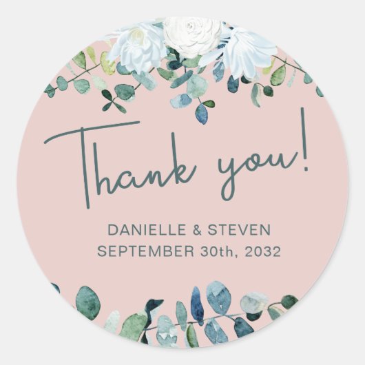 Romantisch groen eucalyptus namen & trouwdatum ronde sticker (Voorkant)