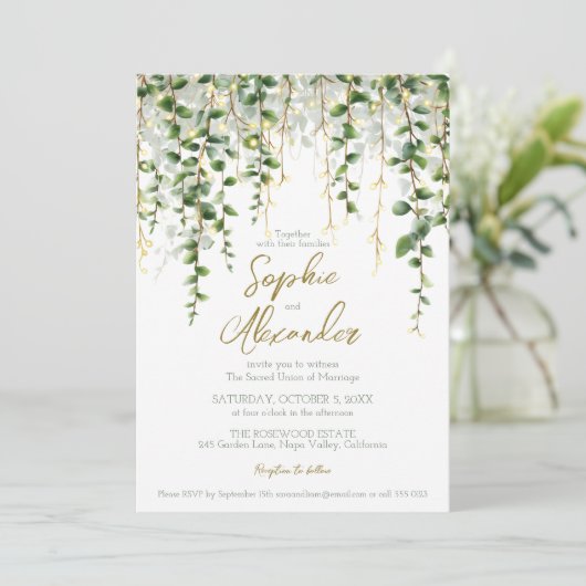 Romantisch groen Garland bruiloft uitnodiging (Staand voorkant)