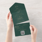 Romantisch Groen Monogram QR Code Bruiloft All In One Uitnodiging (Afscheurbaar)