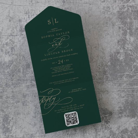 Romantisch Groen Monogram QR Code Bruiloft All In One Uitnodiging