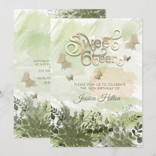 Romantisch groen Vlindertuin zoet zestien Kaart (Voorkant / Achterkant)