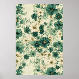 Romantisch Groen & Wit Waterverf Bloemenpatroon Poster