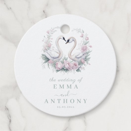 Romantisch groen zwanenpaar bruiloft bedankjes labels (Voorkant)
