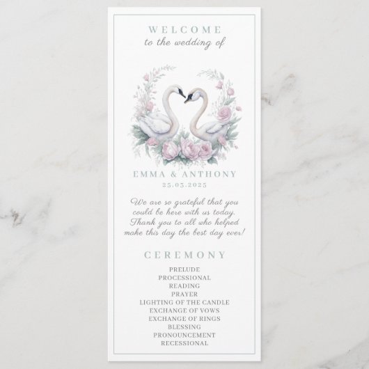 Romantisch Groene Zwaan Paar Bruiloft Programma Programmakaart (Voorkant)