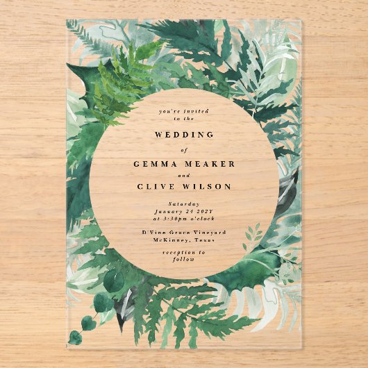 Romantisch handgeschilderd groen Fern Leaf bruilof Acryl Uitnodigingen (Voorkant)