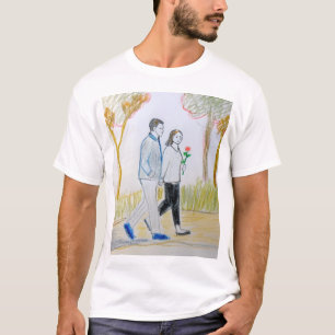 Romantisch handgetekend stel dat in het park wande t-shirt