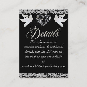 Romantisch Hart, Duif & Glitter, QR-code op zwart Informatiekaartje