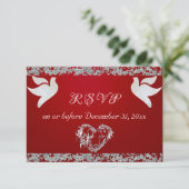 Romantisch hart, duiven en glitter - rood RSVP kaartje (Staand voorkant)
