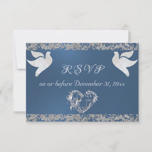 Romantisch hart, duiven & glitter - blauw RSVP kaartje (Voorkant)