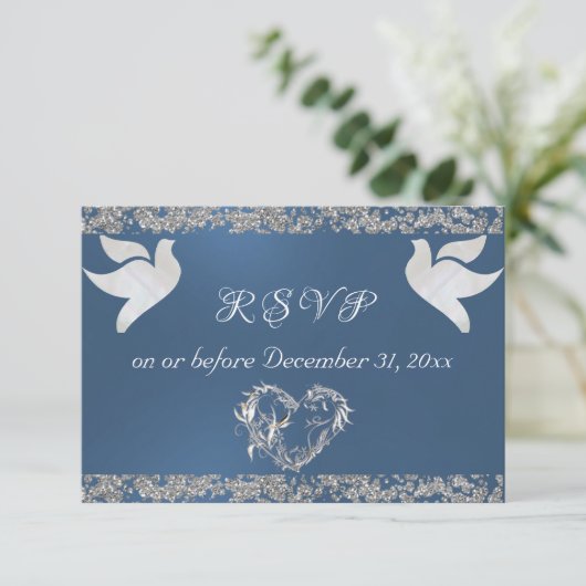 Romantisch hart, duiven & glitter - blauw RSVP kaartje (Staand voorkant)