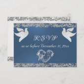 Romantisch hart, duiven & glitter - blauw RSVP kaartje (Voorkant / Achterkant)