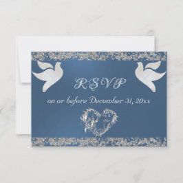 Romantisch hart, duiven & glitter - blauw RSVP kaartje