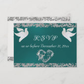 Romantisch Hart, Duiven & Glitter - Blauwgroen RSVP Kaartje (Voorkant / Achterkant)