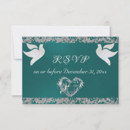 Romantisch Hart, Duiven & Glitter - Blauwgroen RSVP Kaartje