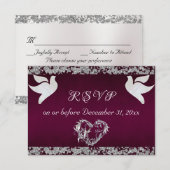Romantisch Hart, Duiven & Glitter - Paarse RSVP Kaartje (Voorkant / Achterkant)