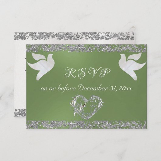 Romantisch Hart, Duiven & Glitter - Sage RSVP Kaartje (Voorkant / Achterkant)