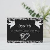 Romantisch Hart, Duiven & Glitter - Zwart RSVP Kaartje (Staand voorkant)