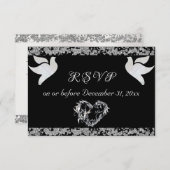Romantisch Hart, Duiven & Glitter - Zwart RSVP Kaartje (Voorkant / Achterkant)