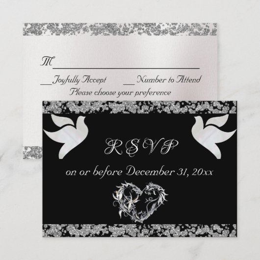 Romantisch Hart, Duiven & Glitter - Zwart RSVP Kaartje (Voorkant / Achterkant)