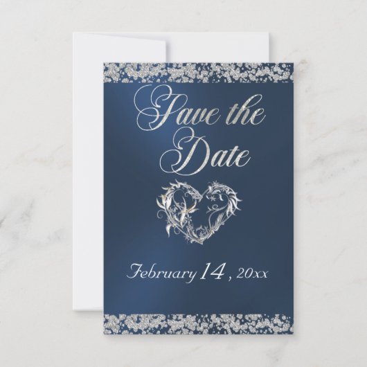 Romantisch hart en glitter op blauw save the date (Voorkant)