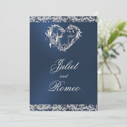 Romantisch hart en glitter op blauwe bruiloft kaart (Staand voorkant)
