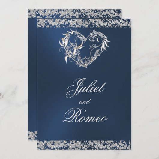 Romantisch hart en glitter op blauwe bruiloft kaart (Voorkant / Achterkant)