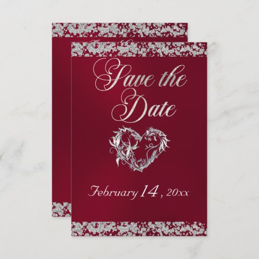 Romantisch hart en glitter op Bourgondië Save The Date (Voorkant / Achterkant)
