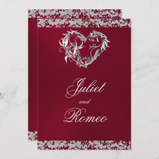 Romantisch hart en glitter op Bourgondische bruilo Kaart (Voorkant / Achterkant)