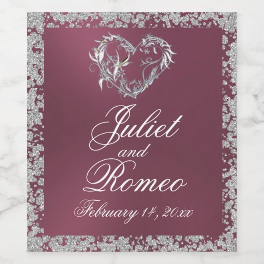 Romantisch hart en glitter op lavendel wijn etiket (Enkel label)