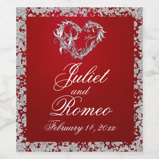 Romantisch hart en glitter op rood wijn etiket (Enkel label)
