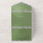 Romantisch hart en glitter op Sage Green All In One Uitnodiging (Buitenkant)