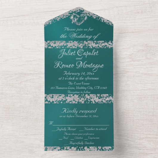 Romantisch hart en glitter op turquoise all in one uitnodiging (Binnen)