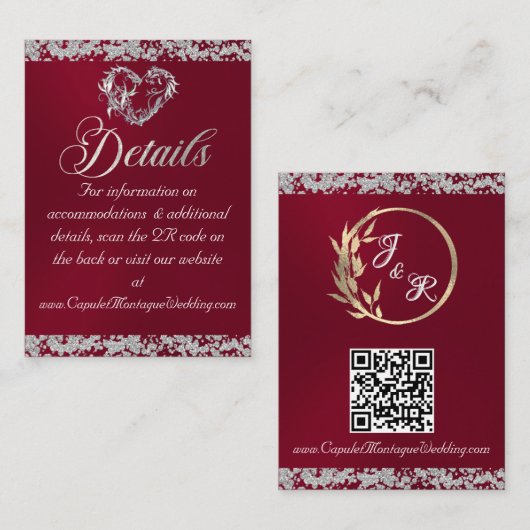 Romantisch hart en glitter, QR-code op Bourgondië Informatiekaartje (Voorkant / Achterkant)