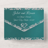 Romantisch Hart & Glitter op Blauwgroen All In One Uitnodiging (Achterkant)